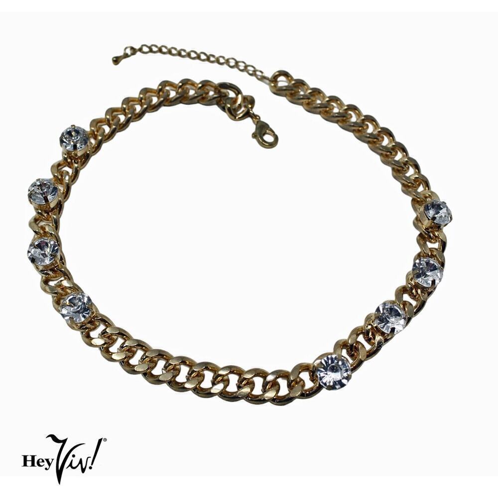 Vintage Statement Gold Metal Chain Studded w Large Rhinestones 18" Long -Hey Viv